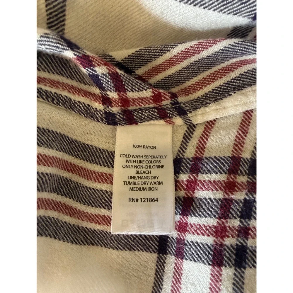 Kenar Womens Large Plaid Button Down Shirt Long Sleeve Rayon White Burgundy Navy